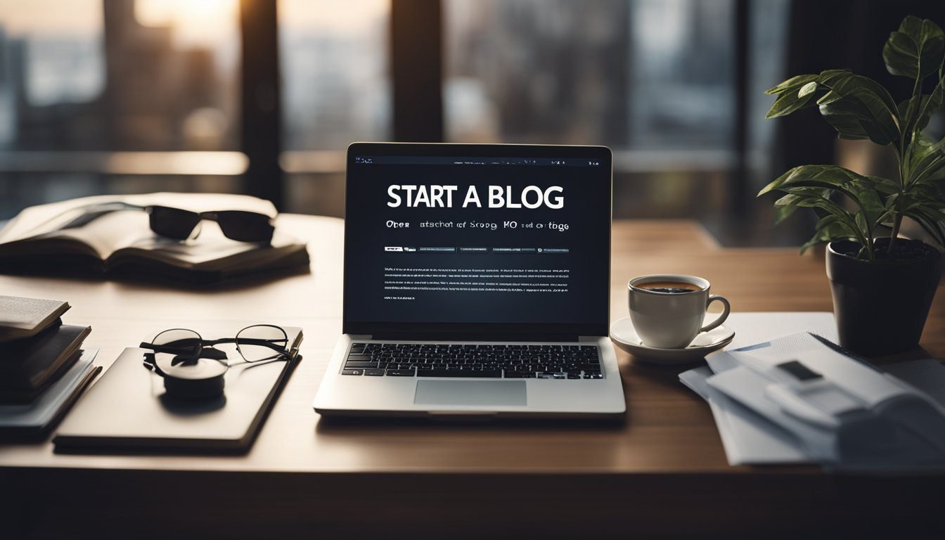 A laptop open on a desk, with a blank webpage and a "Start a Blog" button highlighted. A stack of books and a cup of coffee sit nearby: How to Start a Blog Website for Free