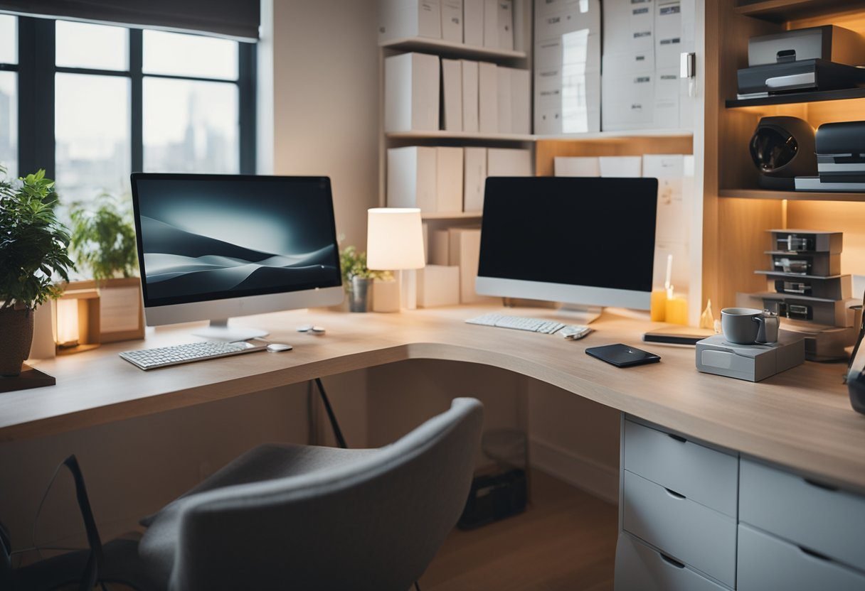 A cozy home office with a desk, computer, and shelves of products. Small Business Ideas for Home