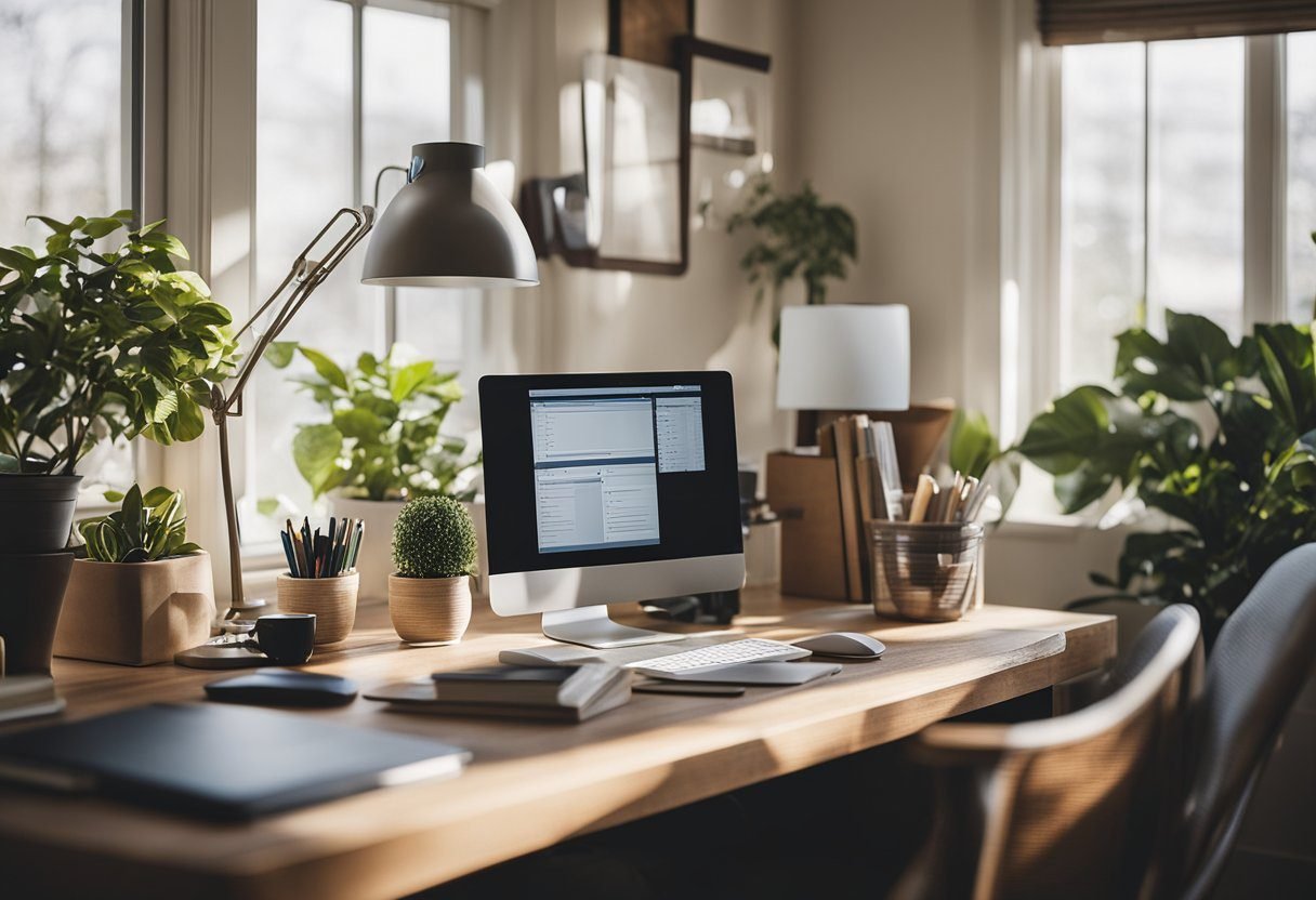 A cozy home office with a desk, computer, phone, and organized supplies. A comfortable chair and natural light streaming in through a window. Small Business Ideas for Home