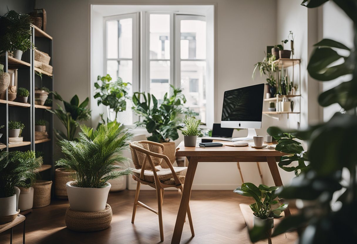 A cozy home office with a laptop, desk, and plant. Small Business Ideas for Home